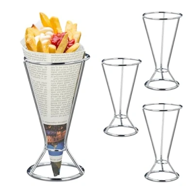Afbeelding van Relaxdays frietzakhouder rvs set van 4 snackbar puntzakhouder patatzakhouder
