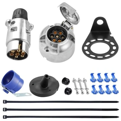 Afbeelding van SPARKMOTO aanhangerstekker, 7 polig, mannelijk en metaal, waterdicht, 12 V, stekker voor aanhanger, auto, fietsendrager, caravan, met montageaccessoires