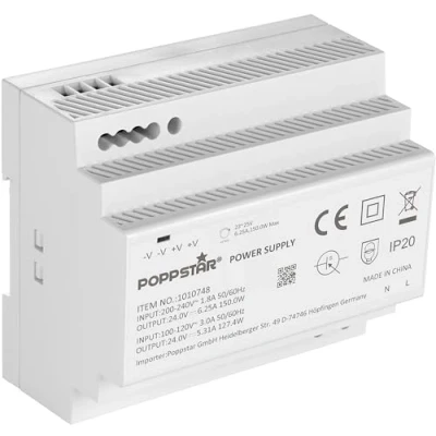 Afbeelding van Poppstar 24 V transformator DIN rail output DC 6,25 A max. 150 W (ingang 100 240 AC 50/60 Hz) adapter