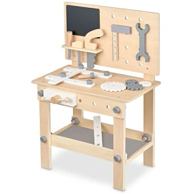 Afbeelding van houten kinderbank, werkplaats met gereedschap voor kinderen, zaag, hoek, schroevendraaier, tandwielen, bankschroef, bord, accessoires, speelgoed vanaf 3 jaar