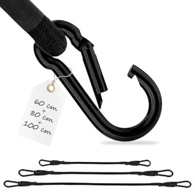 Afbeelding van ECENCE 3 x elastische riem met karabijnhaak 1 100 cm, 80 60 cm in zwart, spanband, spanbanden voor bagagedrager, verlengkabel, spankabel fiets, auto, bagage