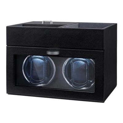 Afbeelding van Mcbazel Multifunctionele horloge opwinder voor 2 horloges, automatische led display, licht, opbergdoos sieraden, met stille motor, 1 draaimodus, grijs, zwart/grijs