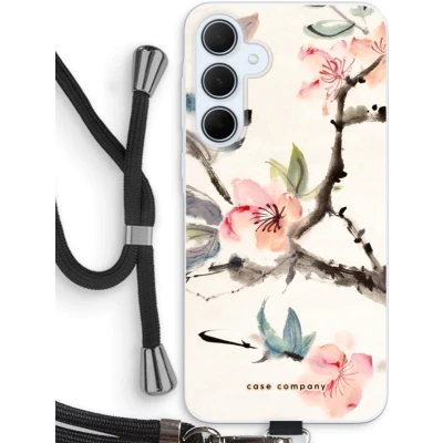 Afbeelding van Case Company® hoesje met Koord geschikt voor Samsung Galaxy A35 Japanse bloemen Telefoonhoesje Zwart Bescherming aan alle Kanten en Over de Schermrand