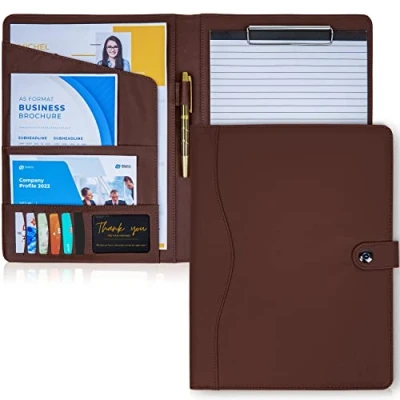 Afbeelding van AMKSONS Conferentiemap A4 bruin met klembord en notitieblok DIN van hoogwaardig kunstleer documentvakken, penhouder, klep magneetsluiting