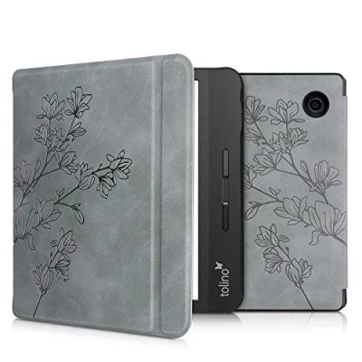 Afbeelding van kwmobile e reader hoesje geschikt voor Tolino Vision 5 hoes Ereader flip case met standaard Kunstleren cover Magnolia design in grijs