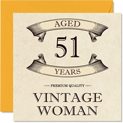 Afbeelding van Vintage verjaardagskaarten voor vrouwen, 51 jaar, grappige verjaardagskaart moeder, zus, vrouw, vriendin, oma, tante, 145 mm x mm, wenskaart 51e kaart