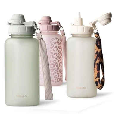 Afbeelding van MAMEIDO Drinkfles 1 l met rietje en motiverende tijdmarkering, sportfles polsband, waterdichte kinderfles, BPA vrije waterfles, waterfles (Desert Sage, 1000 ml)