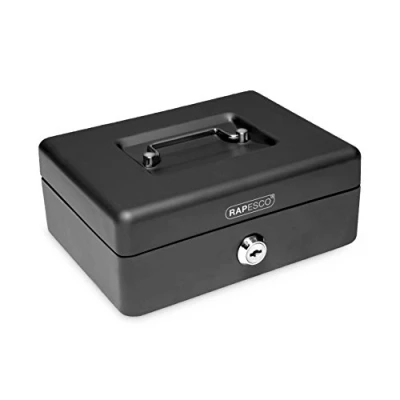 Afbeelding van Rapesco SB0008B1 Stalen kassa voor muntstukken en bankbiljetten met 5 vakken, 20 cm, zwart