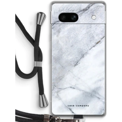 Afbeelding van Case Company® hoesje met Koord geschikt voor Google Pixel 7A Witte marmer Telefoonhoesje Zwart Bescherming aan alle Kanten en Over de Schermrand