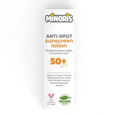 Afbeelding van Minoris Anti Spot Zonnebrandlotion SPF 50+ Biologisch, Natuurlijk, Minerale Inhoud Breedspectrum Zonnebescherming voor Gevoelige Huid Hypoallergeen, Vegan, Rifvriendelijk, Waterbestendig, Dermatologisch Getest, Primer Geschikt 150 ml