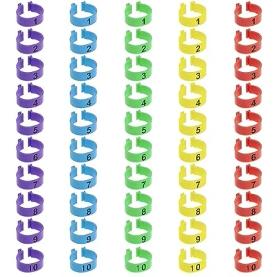 Afbeelding van 50 stuks genummerde kippenpootringen, meerdere kleuren, kippenpootidentificatieringen, ringen om vast te klikken voor kuikens, eend, duiven, gans (16 mm)