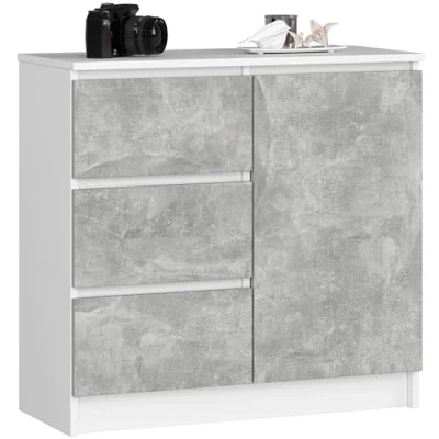 Afbeelding van AKORD K 80 JERRY Commode met 3 laden, kast 2 legplanken en 1 deur, voor woonkamer slaapkamer, modern, 16 mm gelamineerde plaat, x 77 35 cm, wit + betonnen voorkant
