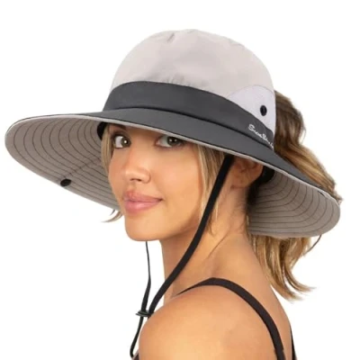 Afbeelding van DRESHOW Vrouw Zonnehoed Outdoor UV bescherming Hoed Opvouwbare Brede Rand Paardenvissen Staart UPF 50+, 1 pakket: zwart