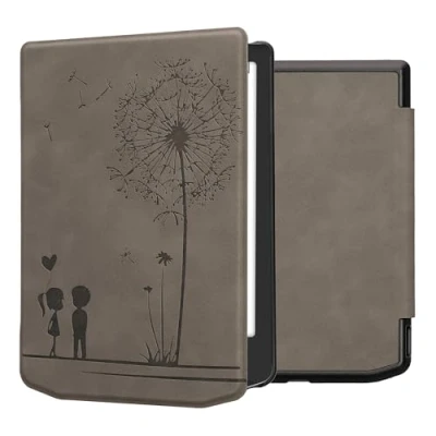 Afbeelding van kwmobile e reader hoesje geschikt voor Pocketbook Verse / Pro Color Vivlio Light HD hoes Ereader flip case met standaard Kunstleren cover Paardenbloemen Liefde design in grijs