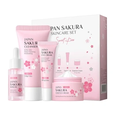 Image de LAIKOU Sakura Kit de Soin la Peau Coffret Voyage 4 Pièces pour Adolescents et Femmes Nettoyant, Sérum, Crème les Yeux Hydratante Hydratation, Éclat Lissage