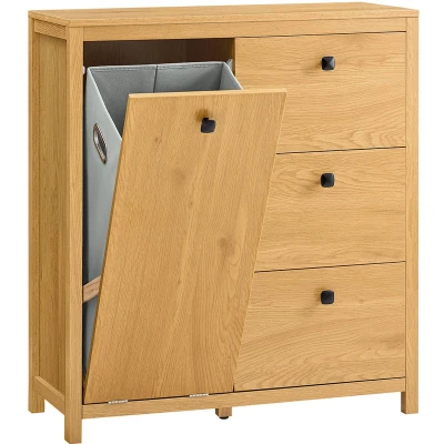 Afbeelding van SoBuy Waskast met waszak, onderkast voor badkamer, commode toiletkast 3 laden en 1 wasmand, wit, 80 x 35 90 cm, BZR97 W