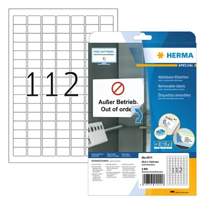 Image de Herma 4211 étiquettes amovibles A4 25,4 x 16,9 mm (2800 étiquettes) blanc