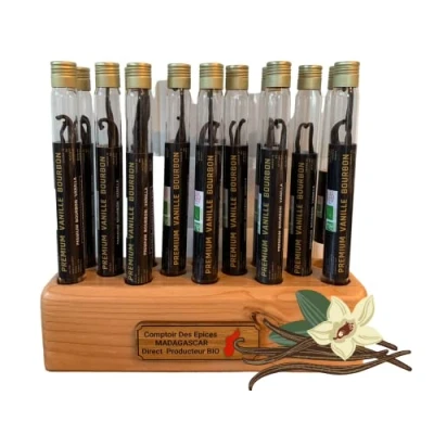 Afbeelding van Biologisch 8 vanillestokken bourbon van MADAGASCAR gourmetkwaliteit/keuken/gebak/maat 16 tot 18 cm (ca. 45 gram) luchtdichte glazen buis vanille gecertificeerd BIO ECOCERT