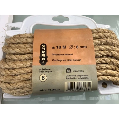 Afbeelding van Starx. Krab paal touw. Sisal Naturel 8 mm dik. 10 meter lang 60 kg trekkracht.