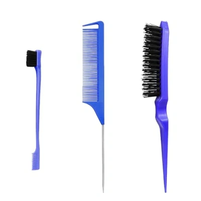 Afbeelding van Set van 3 haarkammen met dubbele rand, rattenstaartkam, haarkam, haarkam voor kapper en thuis (blauw)