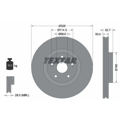 Afbeelding van TEXTAR PRO 92194303 Remschijf 326 30 05/07 114,3 interne ventilatie Gecoat Zonder wielbevestigingsbout, wielnaaf SUBARU: Impreza III Hatchback