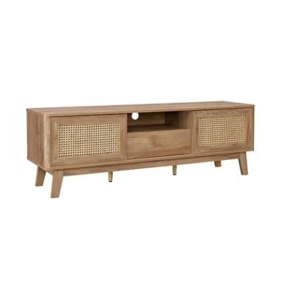 Afbeelding van sweeek Tv meubel met schuifdeuren, gesloten kastje, plank hout en rietmotief, 150cm
