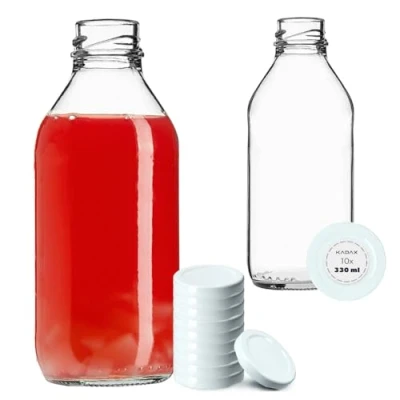 Afbeelding van KADAX lege glazen flessen, 0,33 l, flessen met schroefsluiting, kleine om te vullen, voor melk, sap en smoothies, wit, 10 stuks