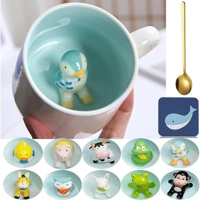 Afbeelding van Mok pinguïn zoete koffiekop, keramische theemok met lepel en onderzetter, 350 ml, groot, 3D koffiemok, grappige kop, espressokopjes, cappuccinokop, schattig cadeau (pinguïn)