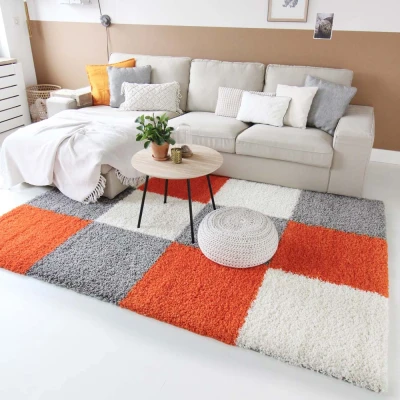 Afbeelding van Hoogpolig Tapijt/Vloerkleed Shaggy Trend Blokken Oranje 160x230 Cm