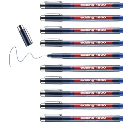 Afbeelding van edding 1800 precisie viltstift, blauw, 10 stiften, 0,25 mm, lijnbreedte voor nauwkeurig schrijven en schetsen, fijne metalen ommantelde punt, geschikt linialen sjablonen