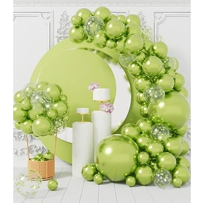 Afbeelding van AULE Ballonboog verjaardag limoengroen: set van 100 ballonnen, groen, metallic, helium, latex, chroom, set, slinger, verjaardag, heren, jongens, decoratie voor babyshower, jungle, dinosaurus