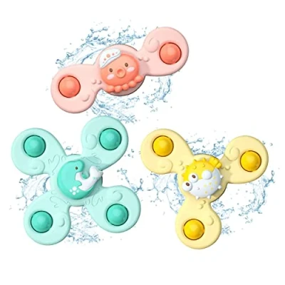 Afbeelding van NIWWIN Set van 3 tollen met zuignap, sensorisch speelgoed voor baby&#039;s, 1 jaar, cartoon, oceaanspinner, tafelstofzuiger, gameplay,