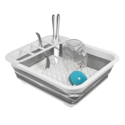 Afbeelding van PARENCE. Opvouwbaar afdruiprek met meerdere vakken houder voor servies en bestek van siliconen, PP TPR veelzijdig, praktisch, duurzaam 36 x 31 cm