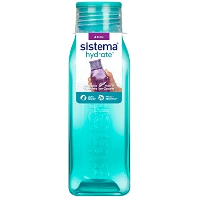 Image de Sistema Bouteille d&#039;eau carrée, 475 ml, sans BPA, Bouchon étanche, Bords antidérapants, Coloris assortis