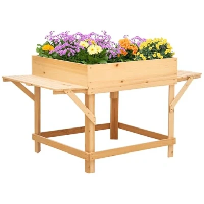 Afbeelding van Outsunny Rechthoekige bloembak op poten, verhoogde moestuin met zijplanken en vliesfolie, 130 x 75 cm, naturel
