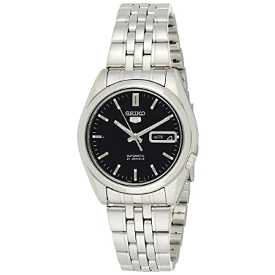 Afbeelding van Seiko SNK361K1 5 Herenhorloge, automatisch, analoog, zwarte wijzerplaat, stalen armband, grijs, Zwart/Grijs, klassiek, Klassiek