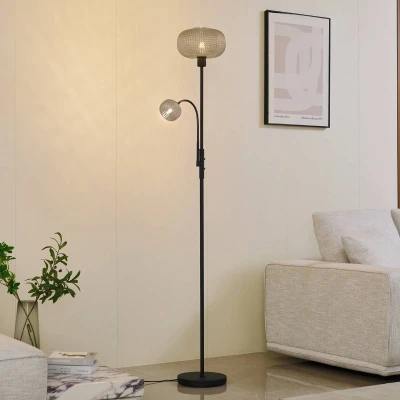 Afbeelding van Lindby vloerlamp 2lichts Glas, ijzer H: 180 cm E27 zwart, rookgrijs