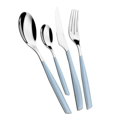 Afbeelding van BUGATTI, Glamour, 24 delige bestekset van roestvrij staal 18/10 en handvat HEMELBLAUW, voor 6 personen, bestaande uit lepels, vorken, messen theelepels