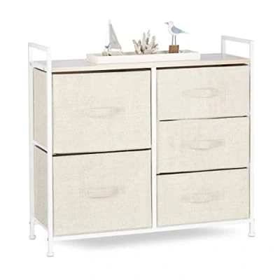Image de Relaxdays Système d&#039;étagère, commode, étagère sur pied avec 5 boîtes, H x l P 77,5 83 29 cm, métal et bois, beige