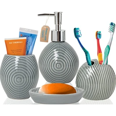 Afbeelding van Designer 4 delige badkamer accessoire set Keramische bad met vloeibare zeep of lotion dispenser, tandenborstel houder, Tumbler en zeepbakje Moderne Accessoires voor de Wastafel