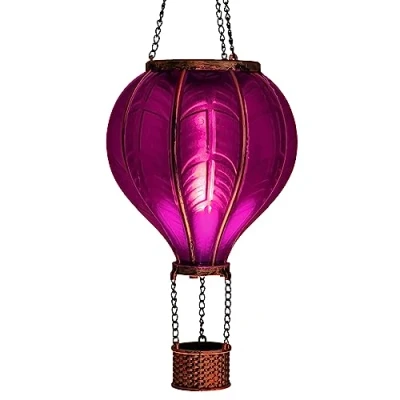 Afbeelding van Led heteluchtballon op zonne energie met vlameffect, lantaarn 20 warmwitte lampen, tuinlantaarn om te hangen, metalen ketting inbegrepen, totale hoogte: ca. 40,5 cm (paars)
