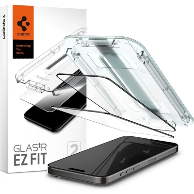 Afbeelding van Apple iPhone 15 Pro screenprotector met Montage frame 2 Pack (zwart) Spigen