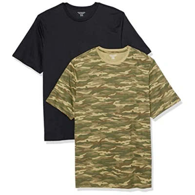 Image de Amazon Essentials Lot de 2 t shirts à manches courtes et col rond, pour homme, coupe classique, imprimé noir/camouflage, taille M