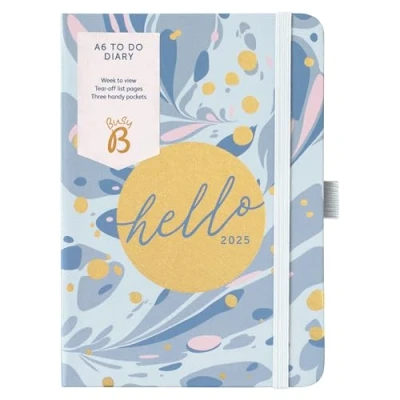 Afbeelding van Busy B Weekplanner 2025 DIN A6 met to do lijsten en notitiepagina&#039;s, compact, blauw gemarmerd, weekoverzicht, 3 vakken jaarplanner