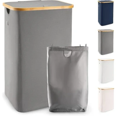 Afbeelding van Lonbet Grijze Wasmand met deksel en handgrepen XXL 100 L, grote wasmand, wasbak, Laundry basket with lid &amp; handles