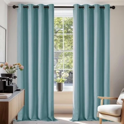 Afbeelding van Deconovo Thermisch verduisteringsgordijn, bescherming tegen kou, isolerend, gordijnen voor woonkamer en slaapkamer, modern design met ringen, 132 x 242 cm (breedte hoogte), hemelsblauw, 2 stuks