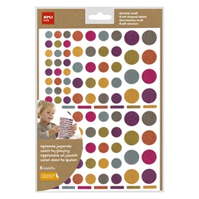 Afbeelding van APLI Kids 18769 624 ronde permanente stickers, kraftpapier, verschillende maten, meerkleurig, 6 vellen