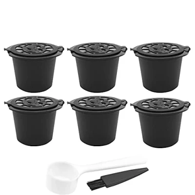 Afbeelding van CENPEK Navulbare Nes Presso capsules, 6 stuks, herbruikbaar, met koffielepel en borstel, voor machines, zwart