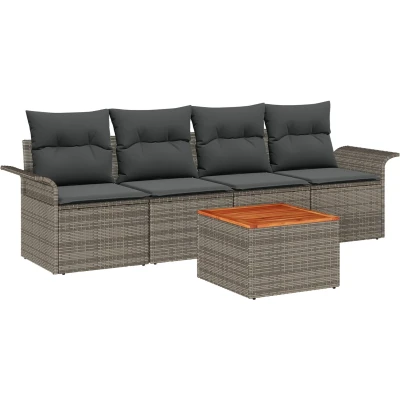 Afbeelding van vidaXL 5 delige Tuinbankenset met Kussens Grijs Poly Rattan Acacia