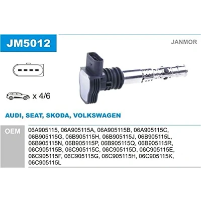 Afbeelding van JANMOR JM5012 Bobine VOLKSWAGEN: Polo IV Hatchback, Golf 4, Passat B5 GP Estate, AUDI: TT Coupe, A4 Saloon, Roadster, SEAT: Leon I Hatchback
